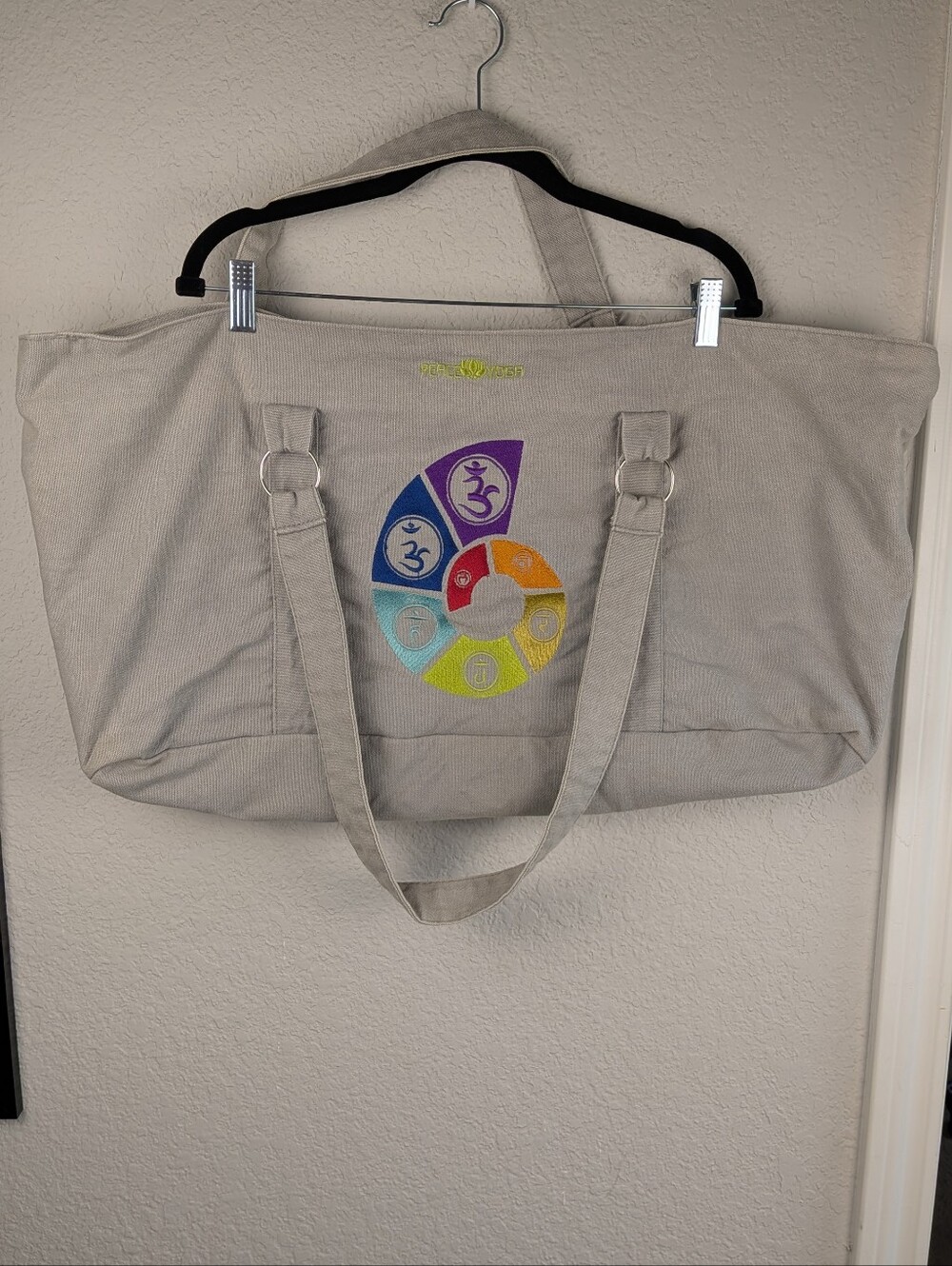 Peace Yoga Embroidered Yoga Mat Bat Cotton Exterior Zipped Pocket Gray Chakra